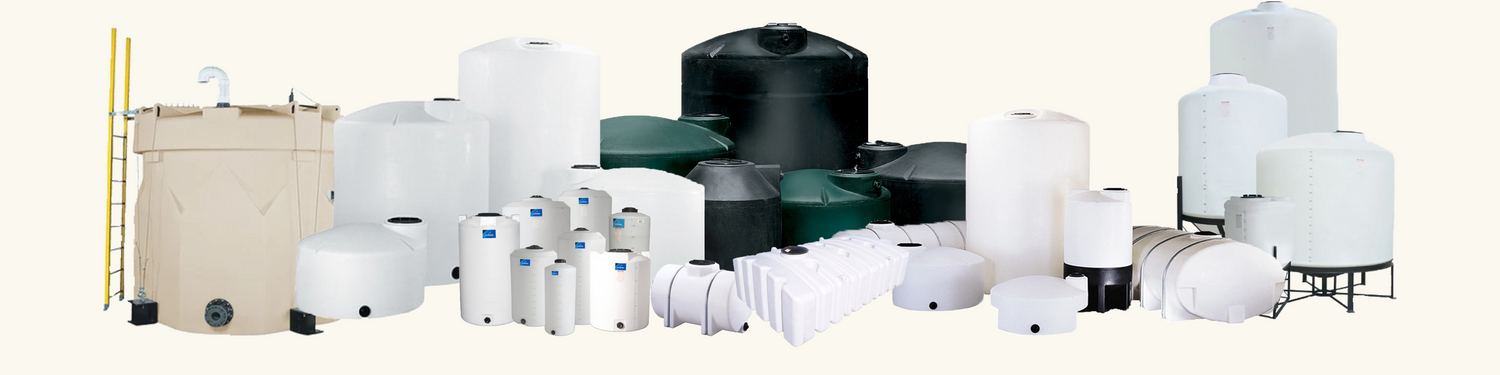 Picture of the variety of plastic tanks & liquid handling systems offered by BARR Plastics. Included are vertical, dome top tanks, IBC Totes, Custom fabricated tanks, cone bottom tanks and more.