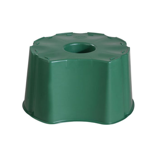 A green plastic garden stake cover or potting base with a circular center hole, shown on a plain white background.