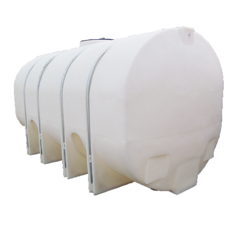 Picture of an industrial horizontal tank with added in leg bands for anchoring to a skid or flatbed truck.