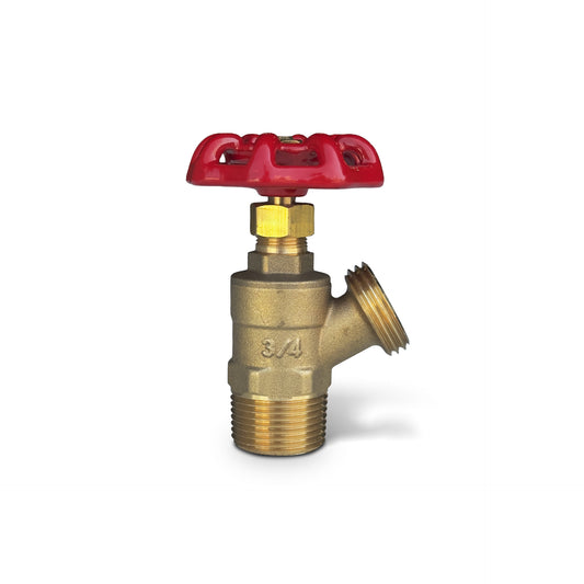 A brass ball valve with a red handwheel and a side port, shown on a clean white background.