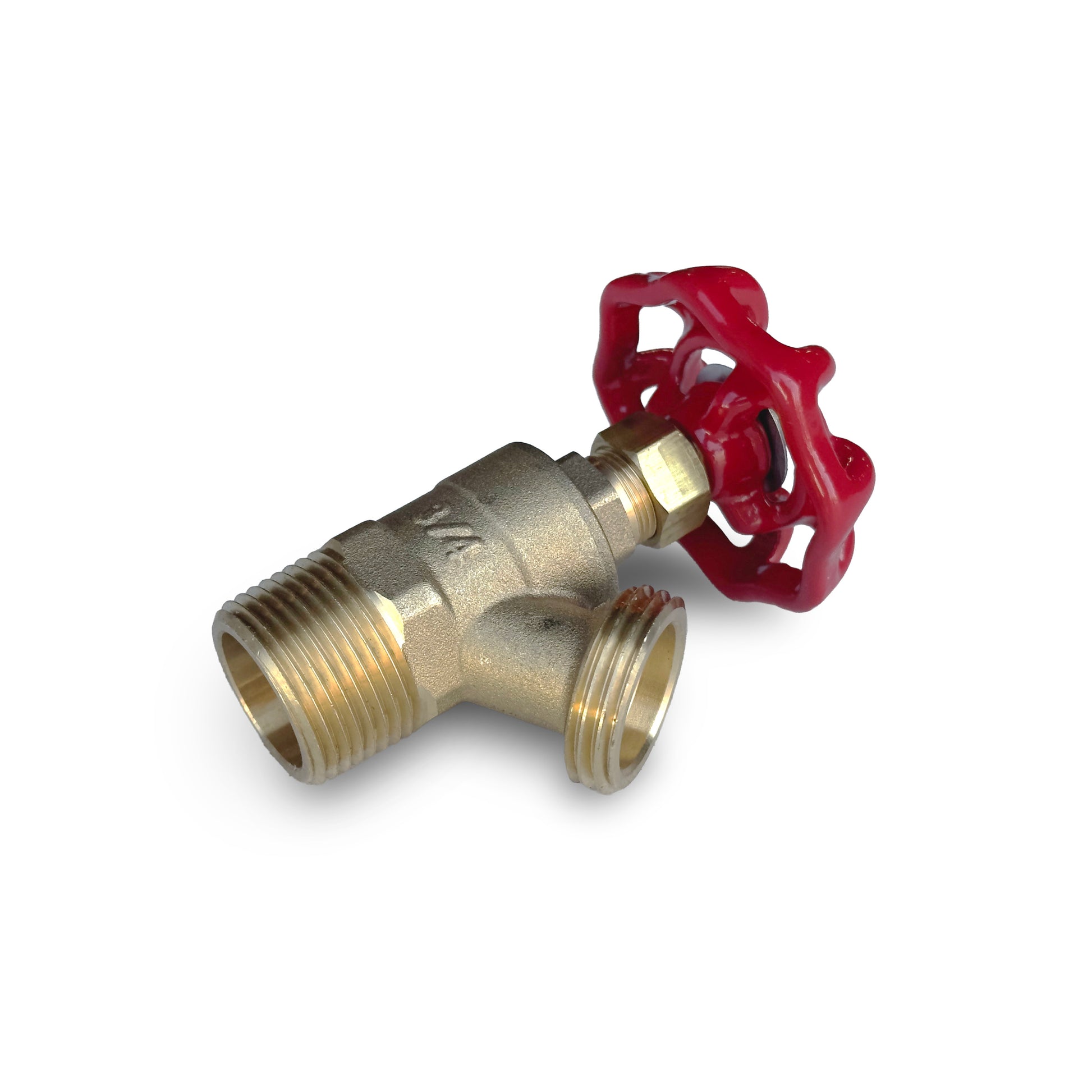 A brass T-shaped faucet valve with a red handwheel, shown on a clean white background.