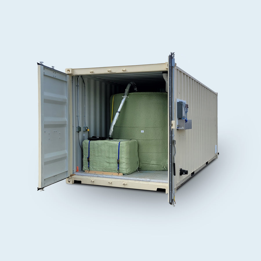 Containerized heated and insulated water storage system in an ISO shipping container