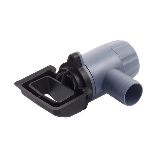 A grey and black plastic plumbing or drainage component with a T-joint and a rectangular connector, shown on a plain white background.